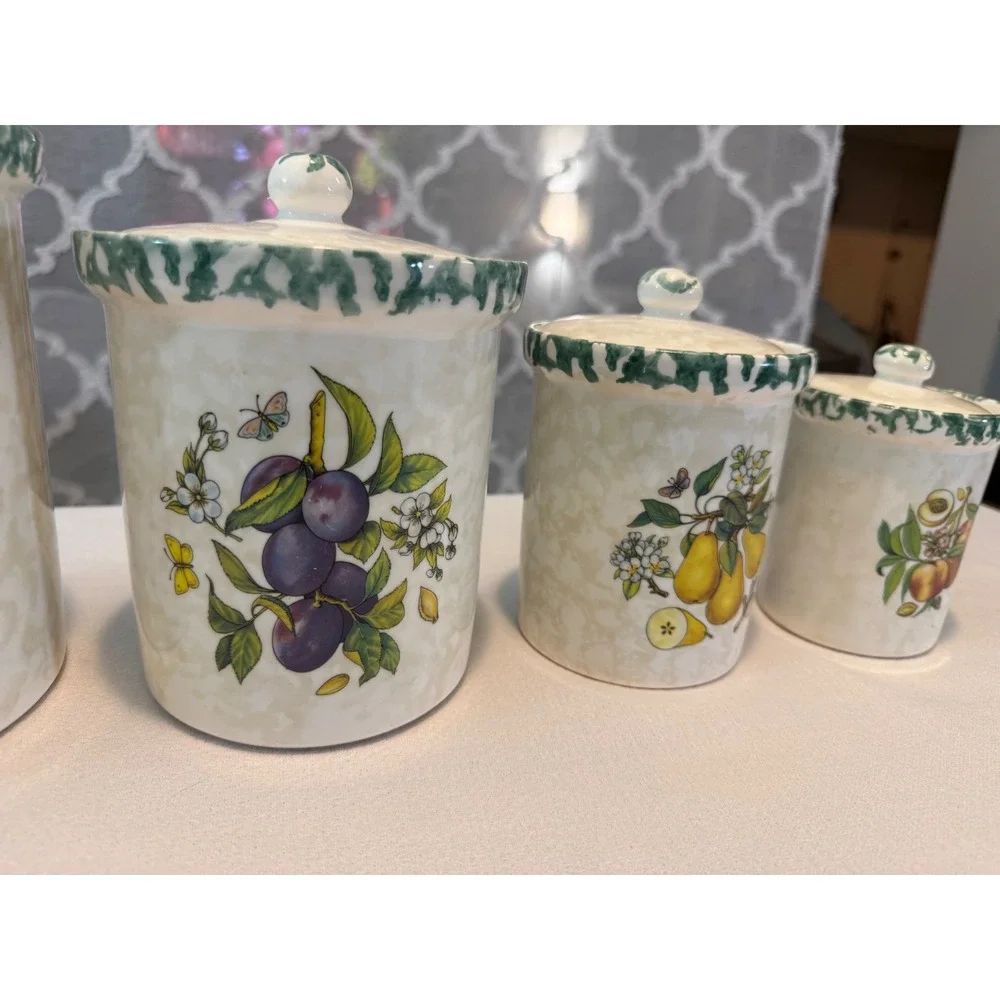Vintage Himark Italy Ceramic Fruit Canister Set 4 Piece Green Trim Farmhouse